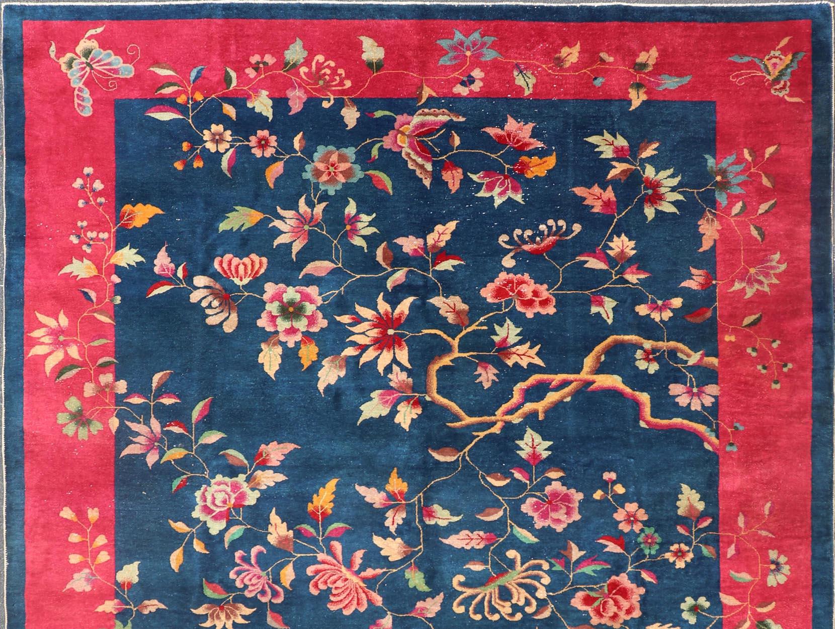 Blue Background Chinese Art Deco Rug with Large Vining Flowers and Leaves  For Sale 2