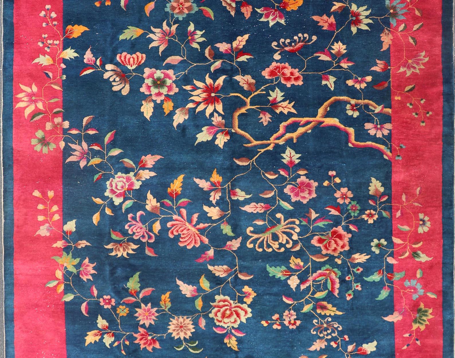 Blue Background Chinese Art Deco Rug with Large Vining Flowers and Leaves  For Sale 3