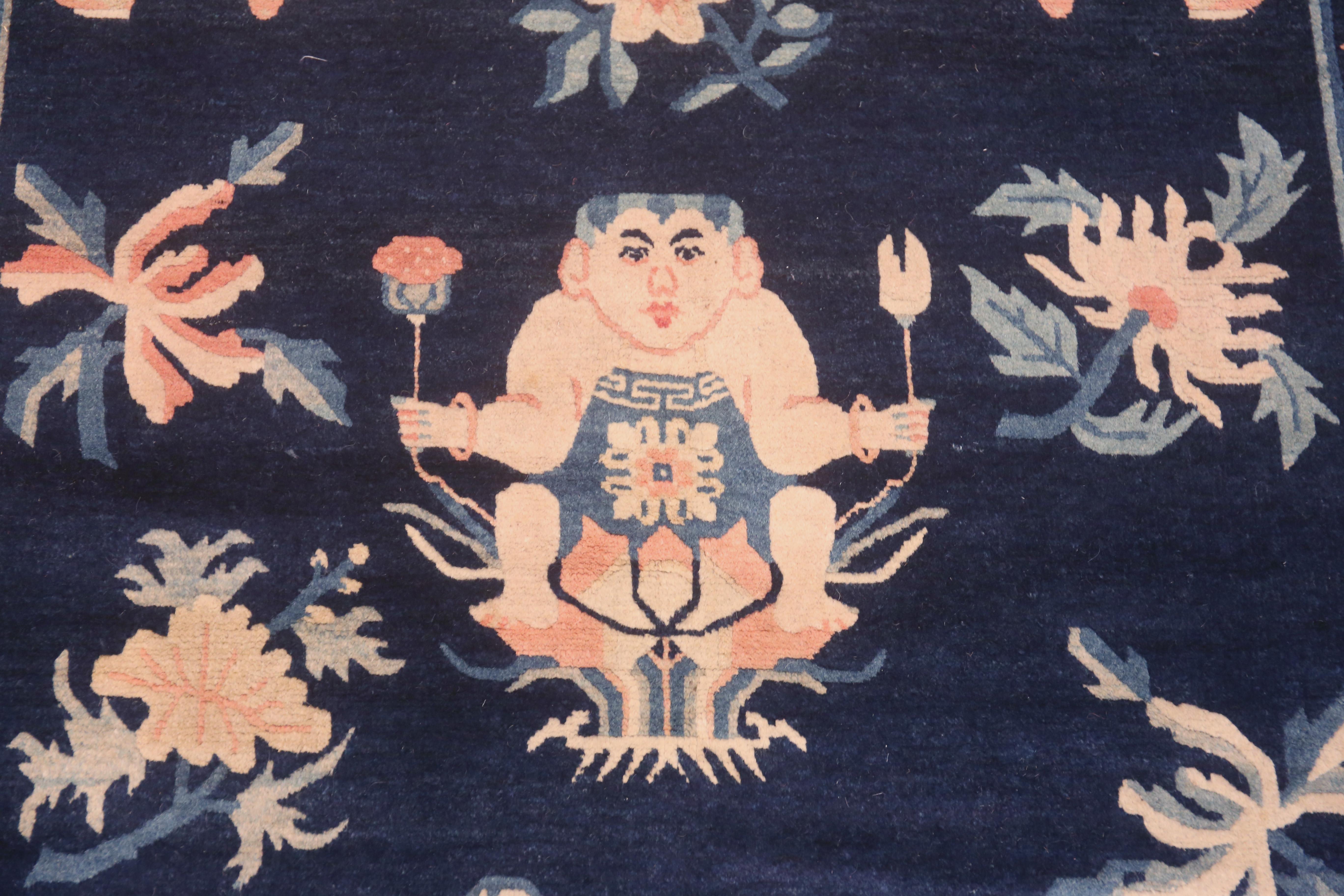 Blue Background Figurative Design Antique Chinese Peking Rug 4'10