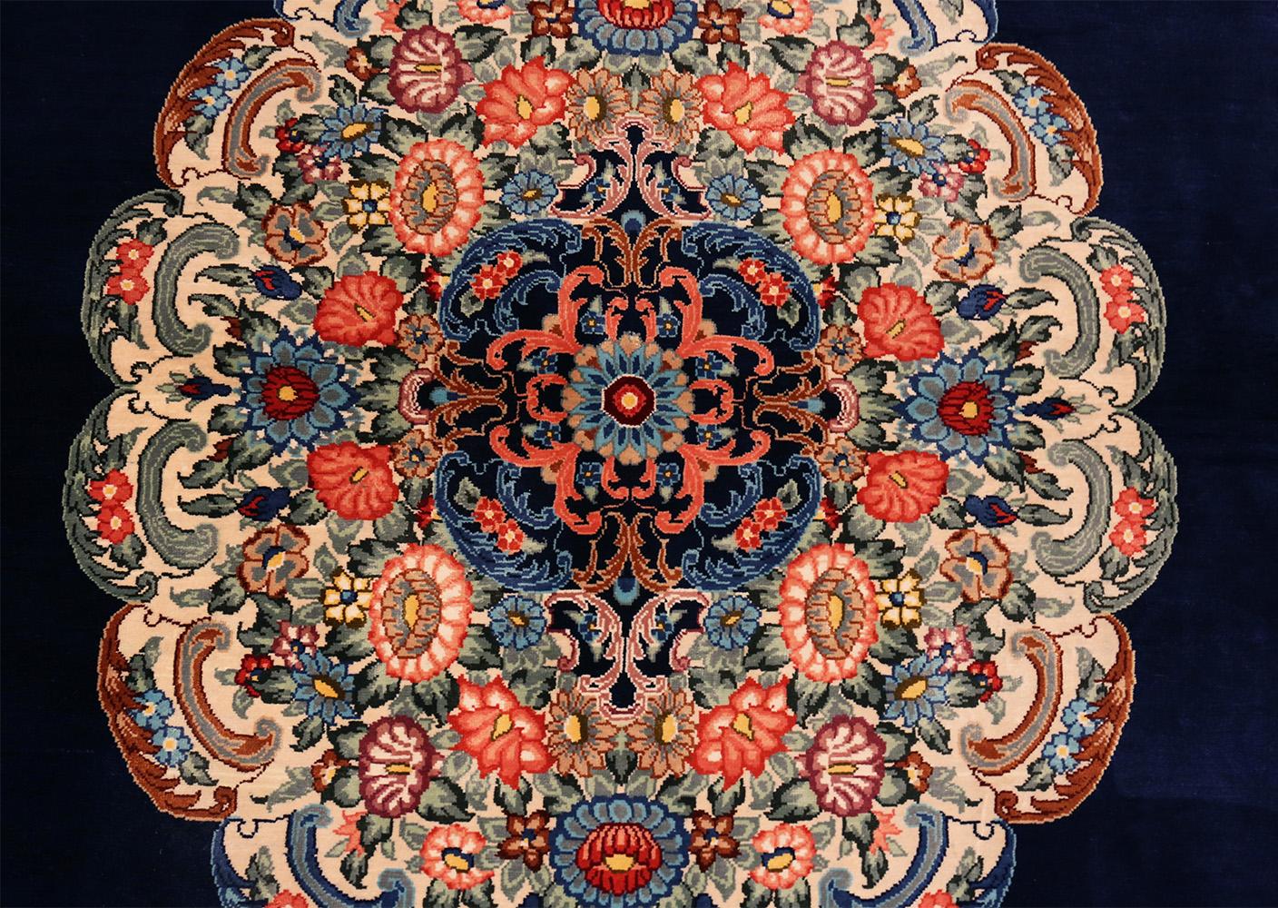 Blue Background Floral Vintage Silk Persian Qum Rug , Country of Origin / Rug Type: Vintage Persian Rug, Circa Date: Late 20th Century - Size: 3 ft 4 in x 5 ft 2 in (1.02 m x 1.57 m). 