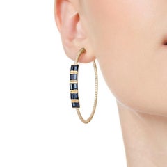 Blue Baguette Pave Diamonds 14K (or 18k upon request) Gold Hoop Earrings