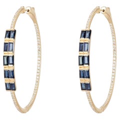 Blue Baguette Pave Diamonds 14K (or 18k upon request) Gold Hoop Earrings