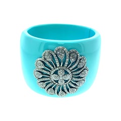 Blue Bakelite 3.75 Carat Diamond Bangle in Silver