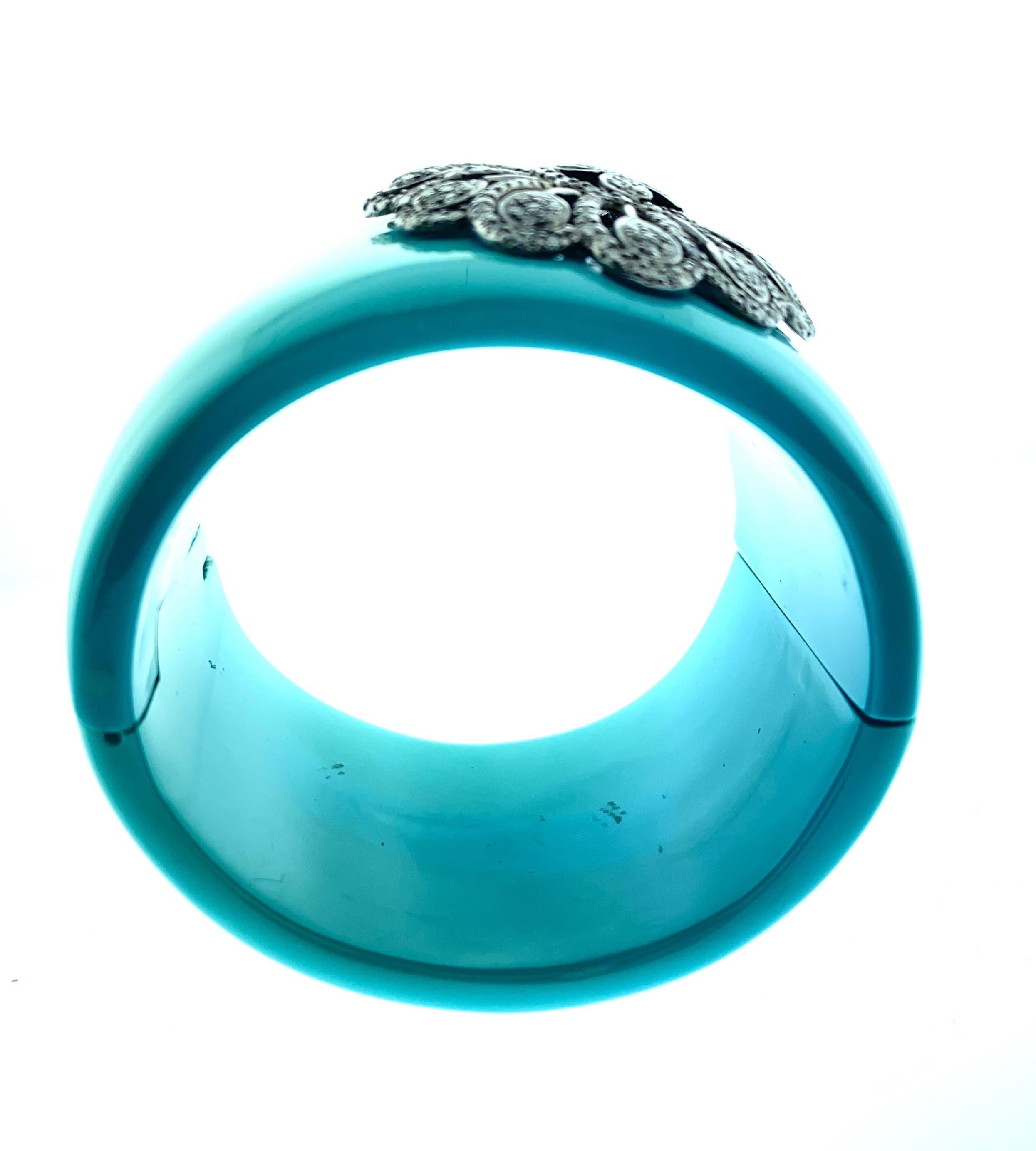 Women's or Men's Blue Bakelite 3.75 Carat Diamond Bangle in Silver For Sale