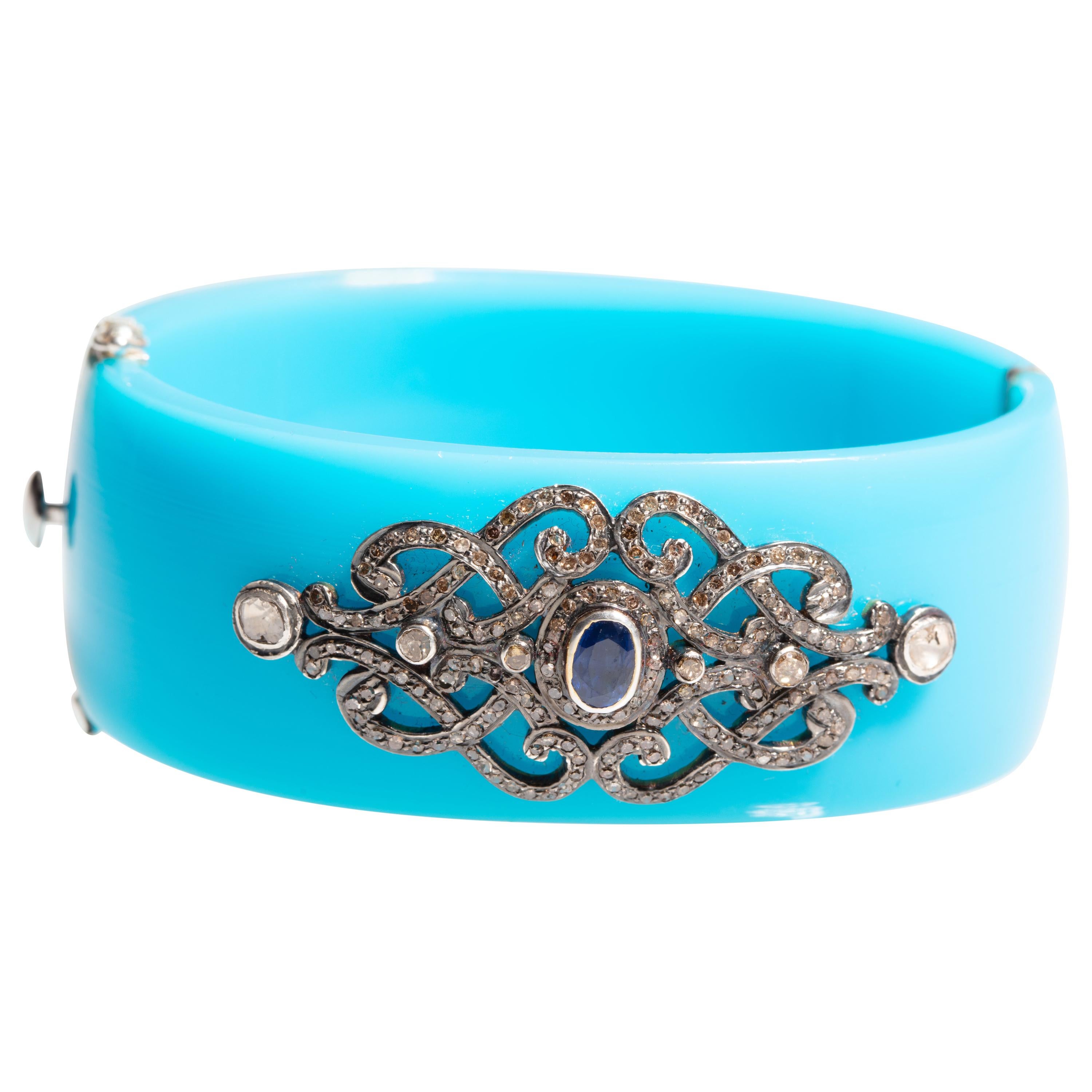 Blue Bakelite Cuff Bracelet with Diamonds and Sapphires