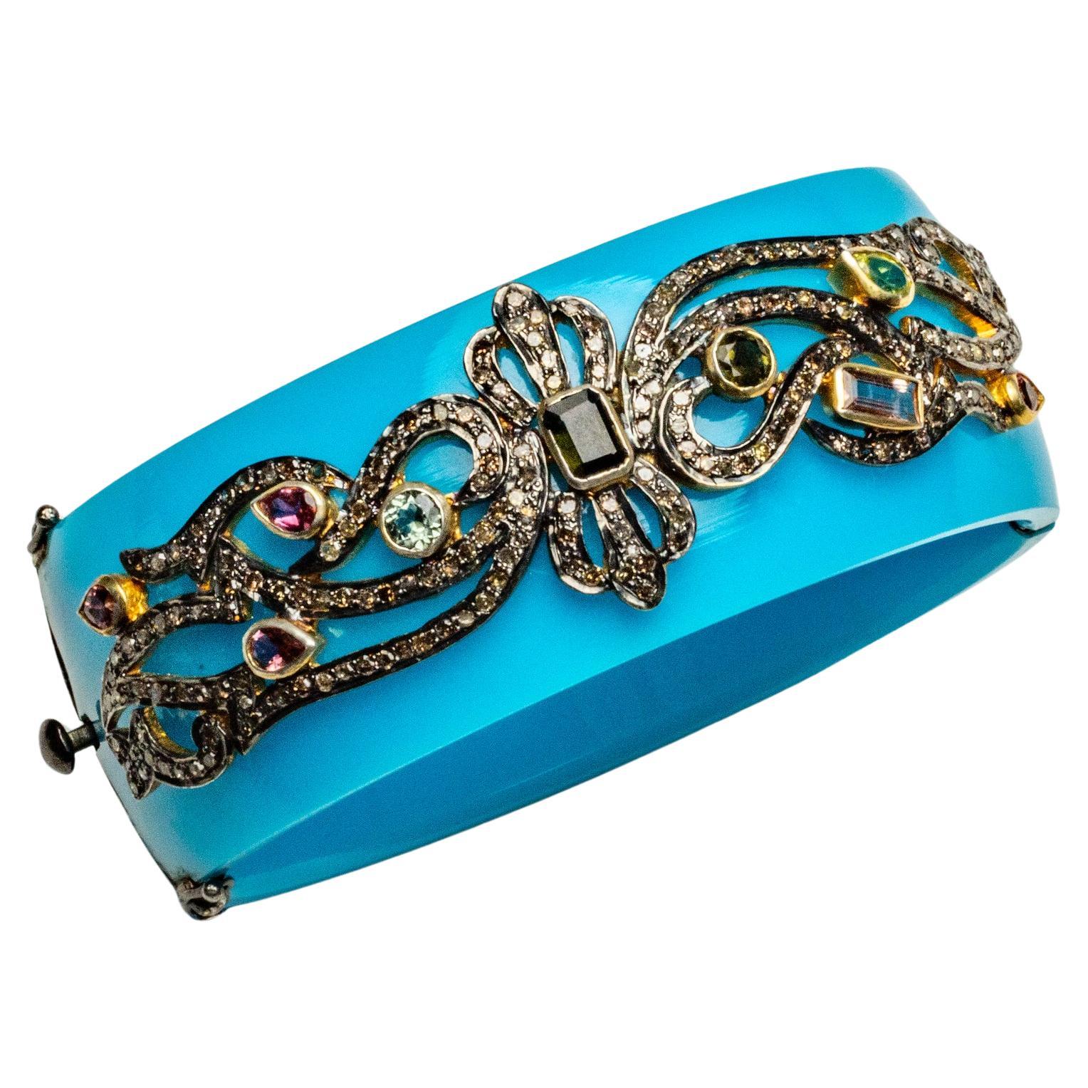 Bracelet manchette en bakélite bleue, diamants et tourmaline en vente
