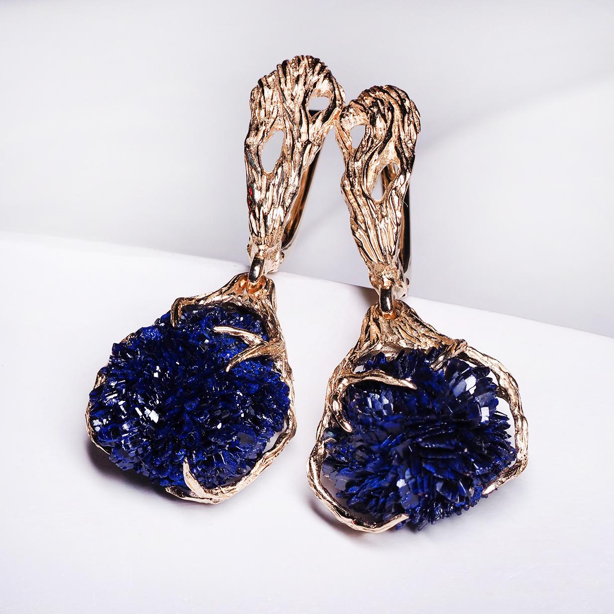 Blue Ball Flowers Earrings Gold Deep Ocean Blue Crystals Art Nouveau Style For Sale 5