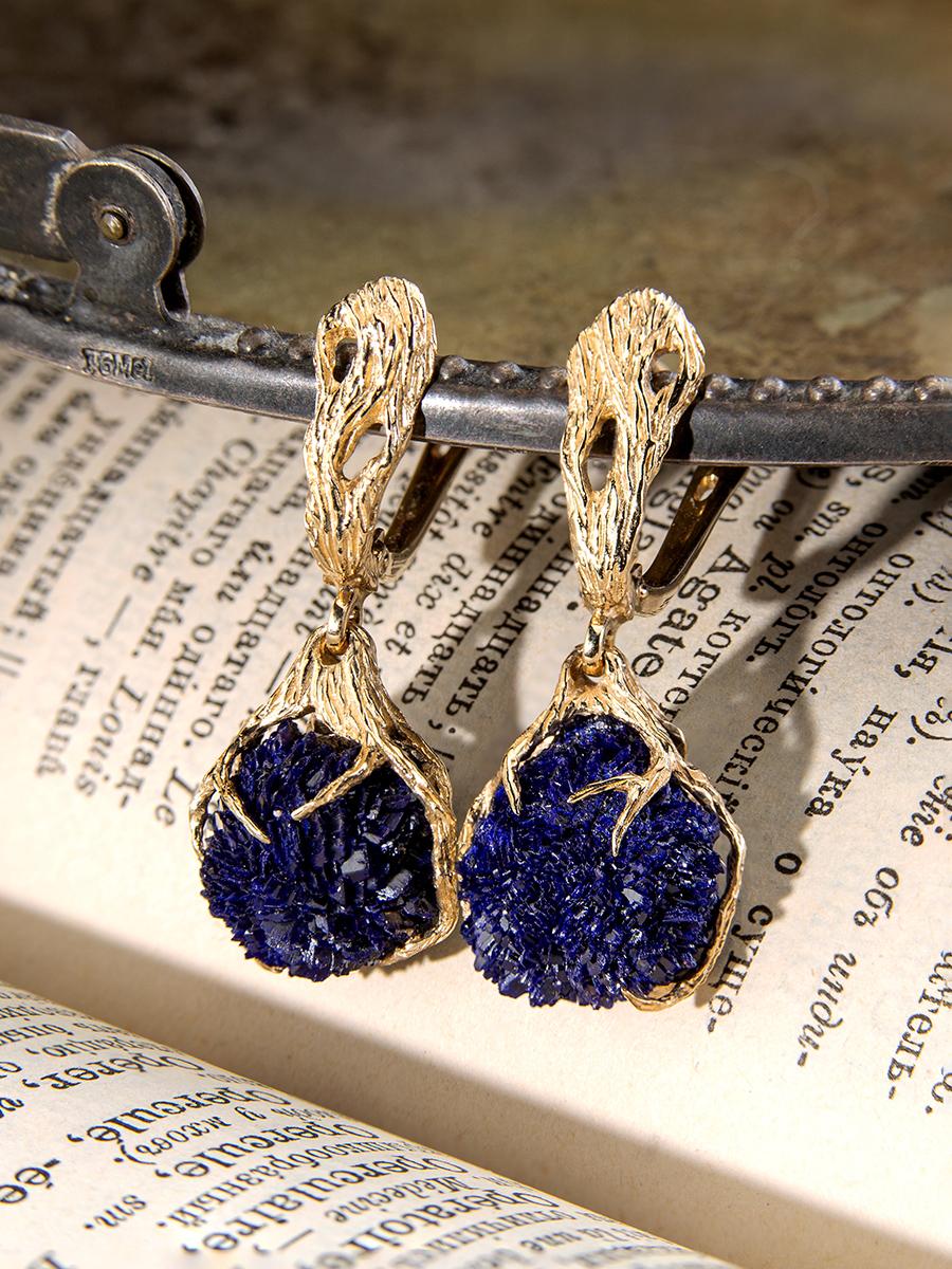 Artisan Blue Ball Flowers Earrings Gold Deep Ocean Blue Crystals Art Nouveau Style For Sale