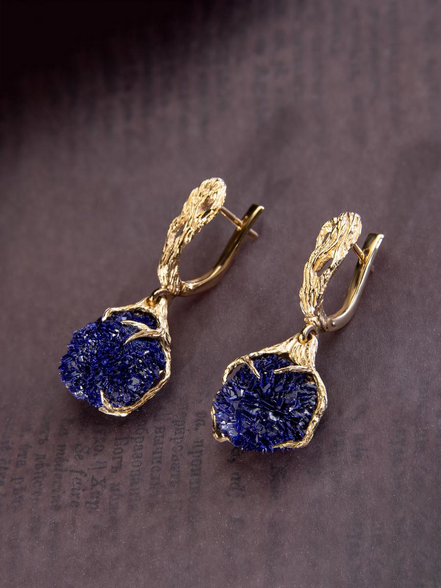 Women's or Men's Blue Ball Flowers Earrings Gold Deep Ocean Blue Crystals Art Nouveau Style For Sale