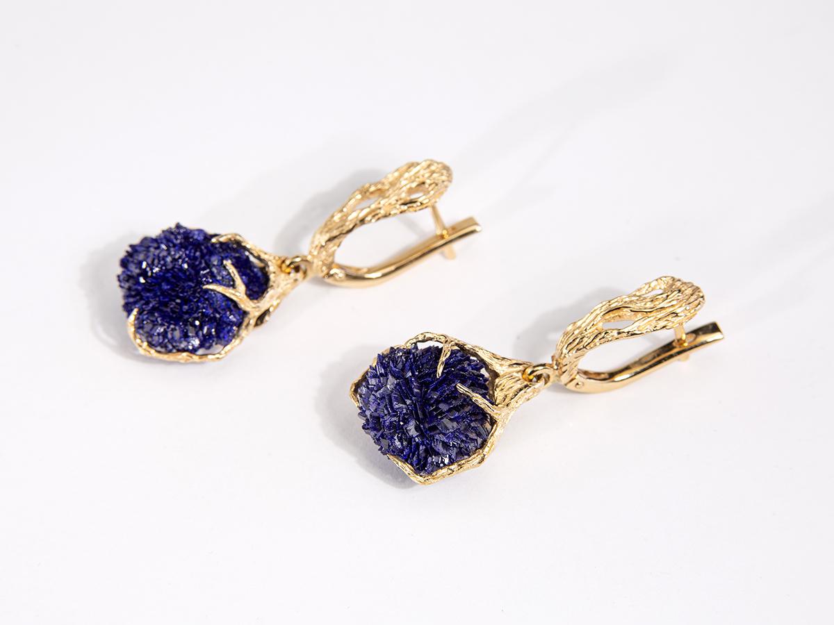 Blue Ball Flowers Earrings Gold Deep Ocean Blue Crystals Art Nouveau Style For Sale 1