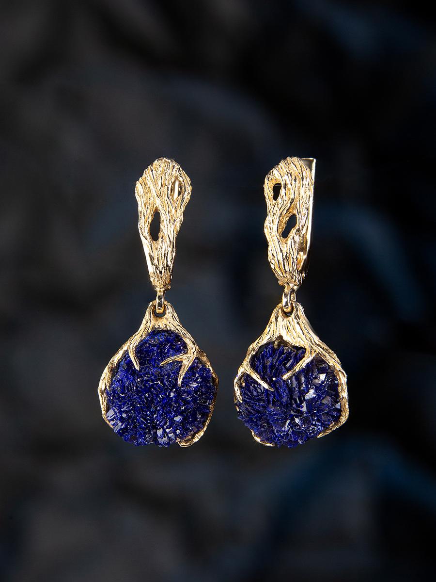 Blue Ball Flowers Earrings Gold Deep Ocean Blue Crystals Art Nouveau Style For Sale 2