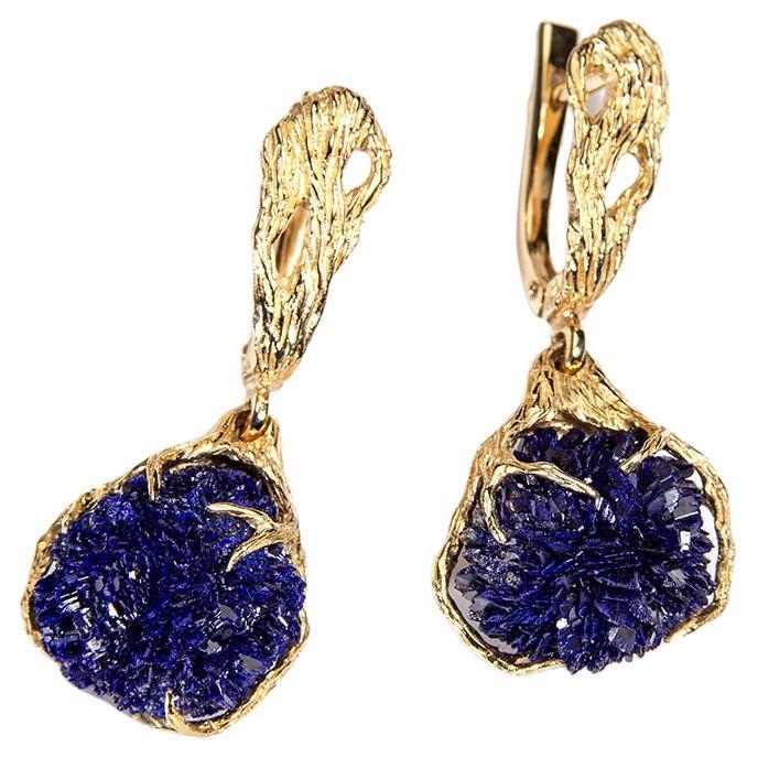 Blue Ball Flowers Earrings Gold Deep Ocean Blue Crystals Art Nouveau Style