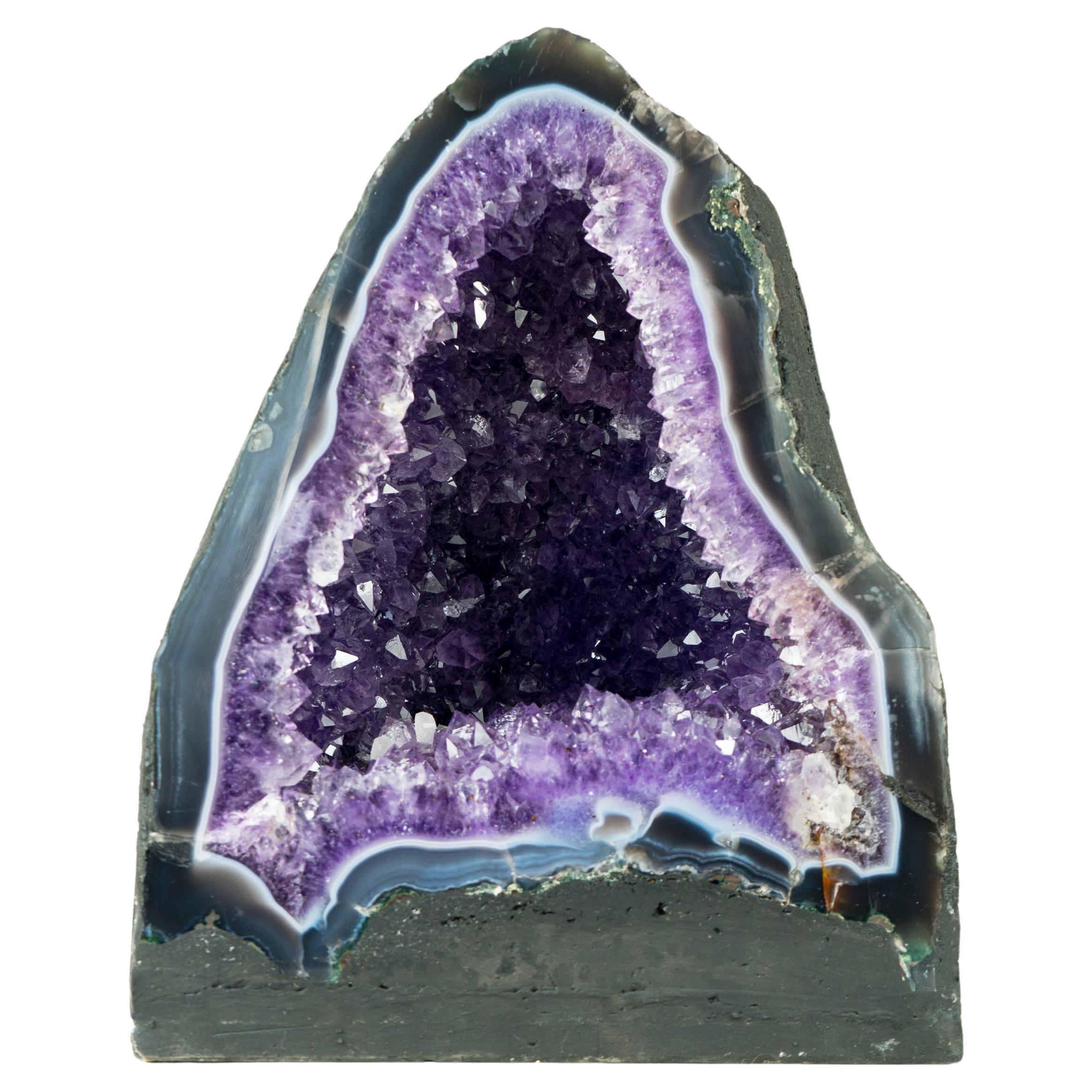 Blue Banded Agate Geode with Deep Purple Amethyst, Medium Size Geode Cathedral