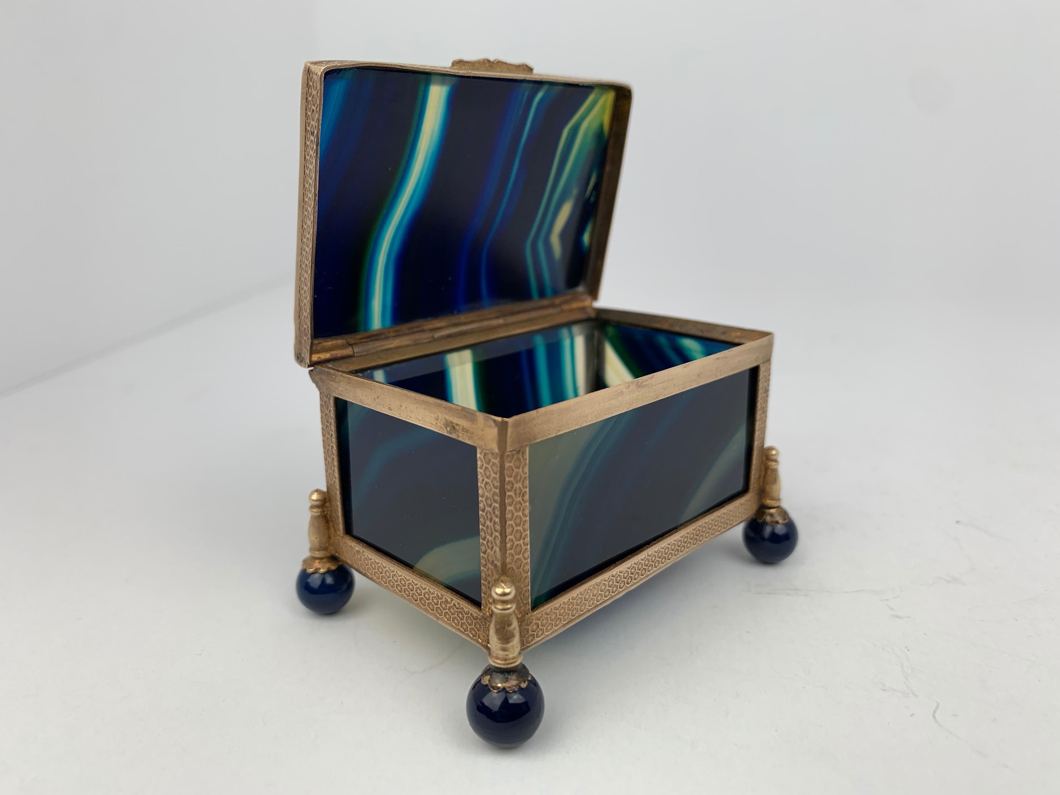Beveled Hinged Blue Banded Agate Box with Ball Feet in a Gilt Frame