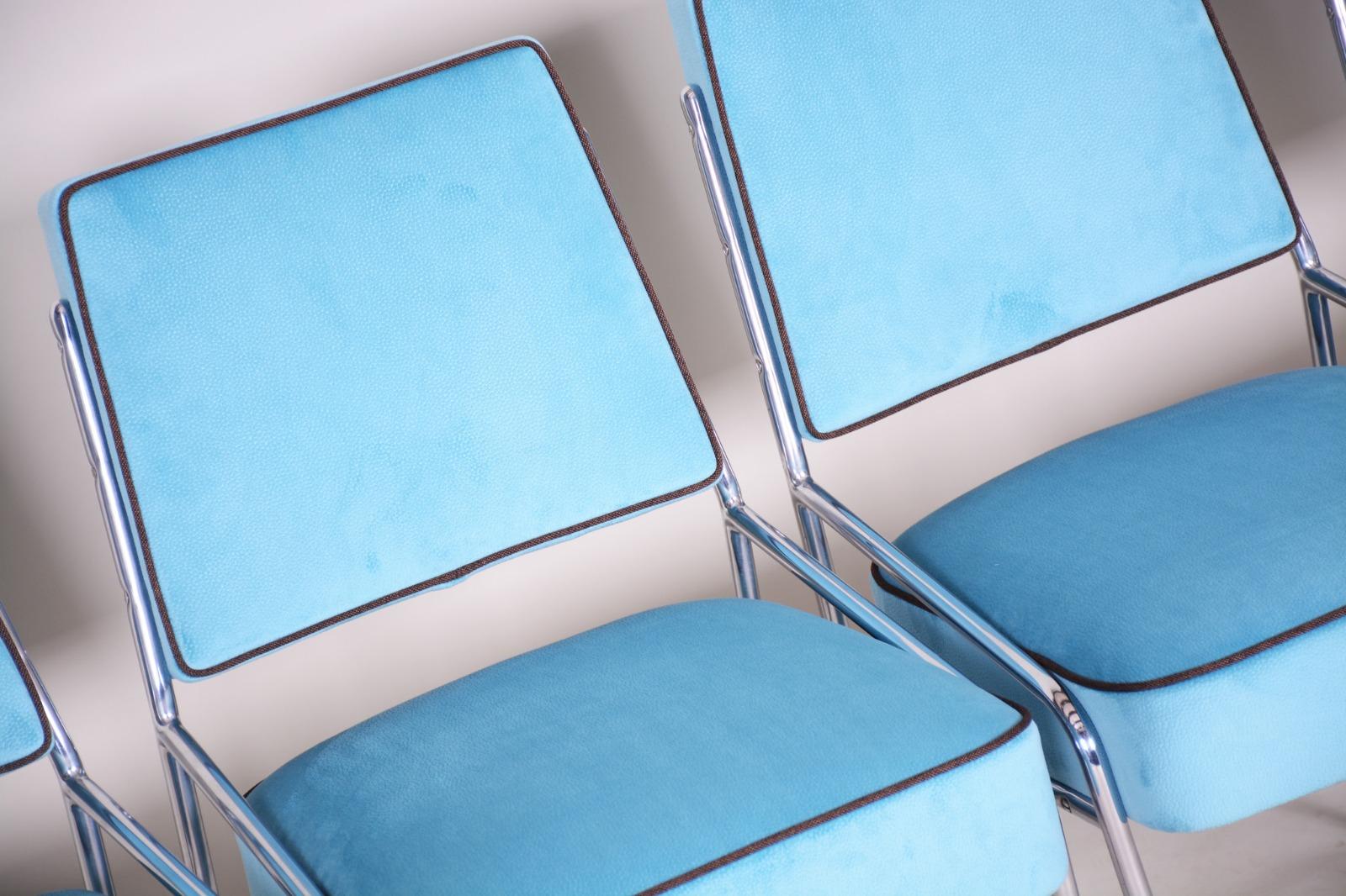 Mid-20th Century Blue Bauhaus Seating Set, Made in 1940s Czechia. Fully Restored Chrome Steel