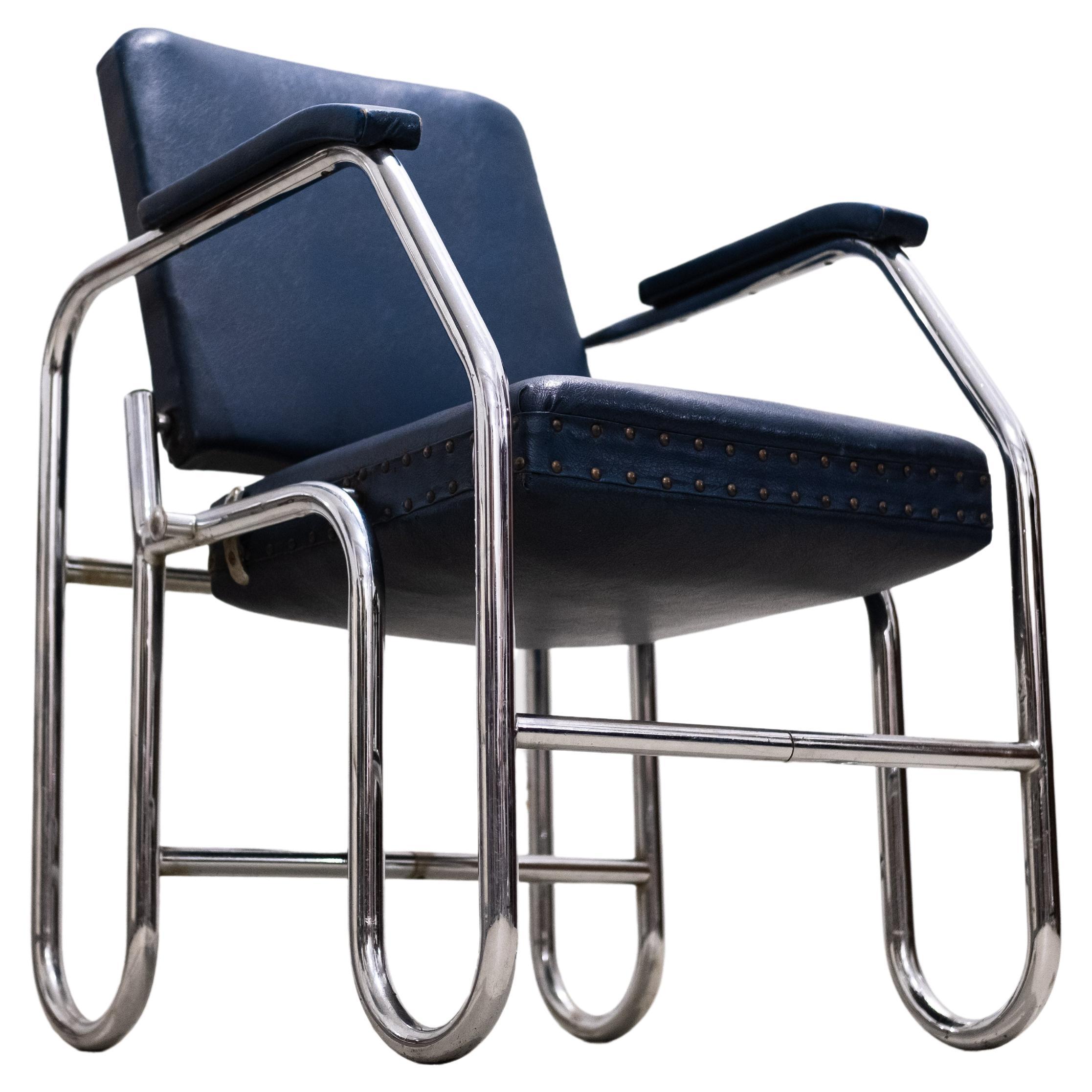 Blauer Bauhaus Stahlpipe-Sessel mit drehbarem Sitz (Amsterdam, 1930) im Angebot