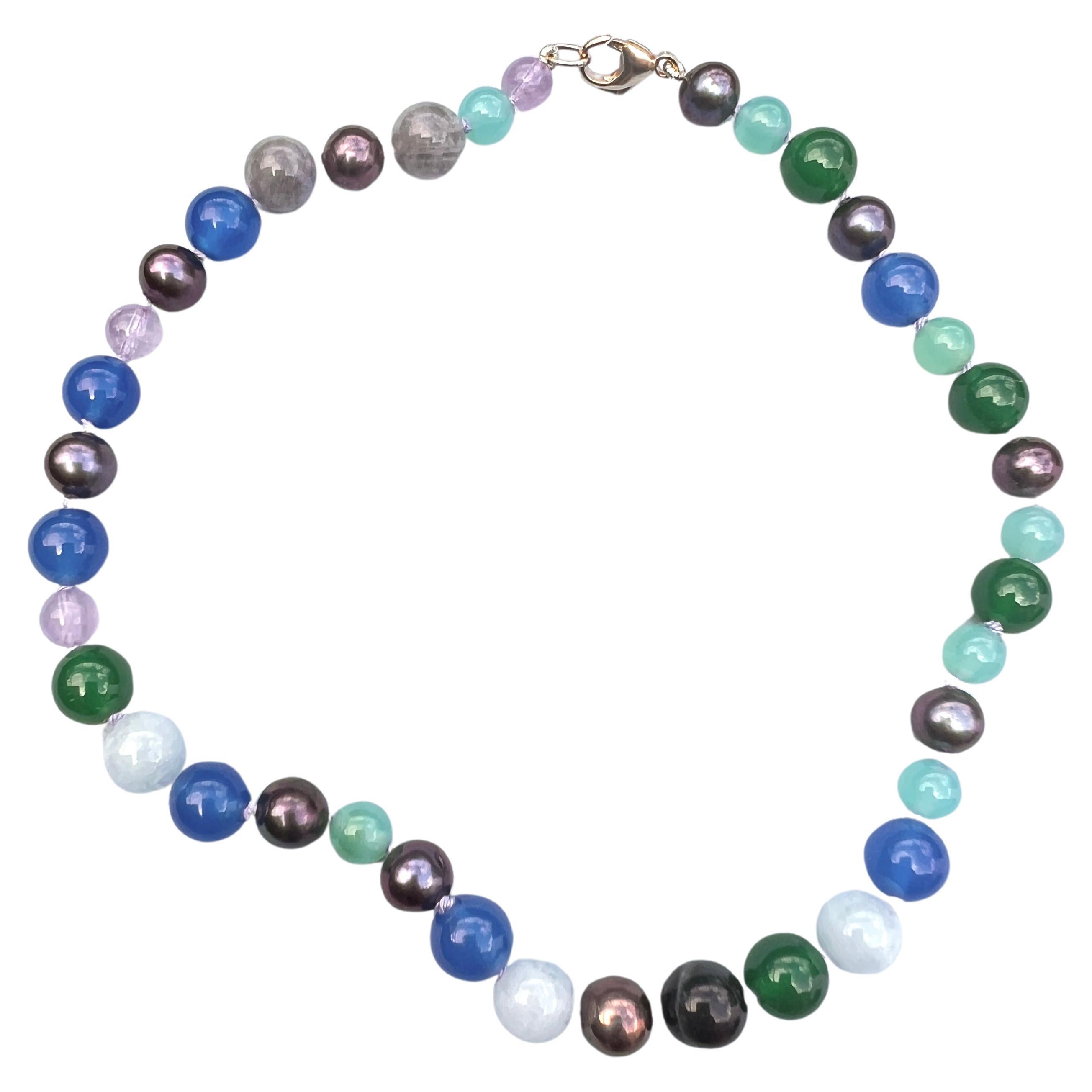 Blue Bead Pearl Necklace Multi Color Labradorite Amethyst