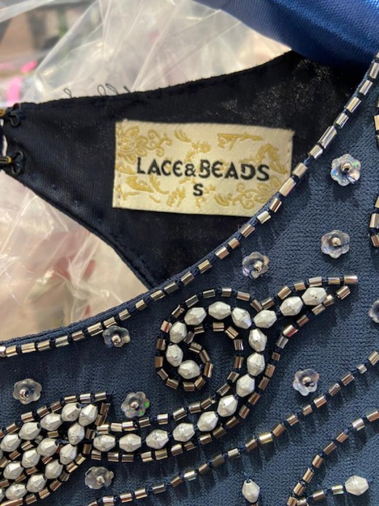 Blue beaded backless evening dress Lace & Beads For Sale 1