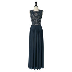 Vestido de noche azul sin espalda con cuentas Encaje y Cuentas