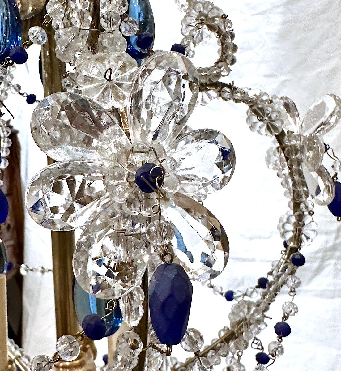 French Blue Beaded Crystal Chandelier For Sale