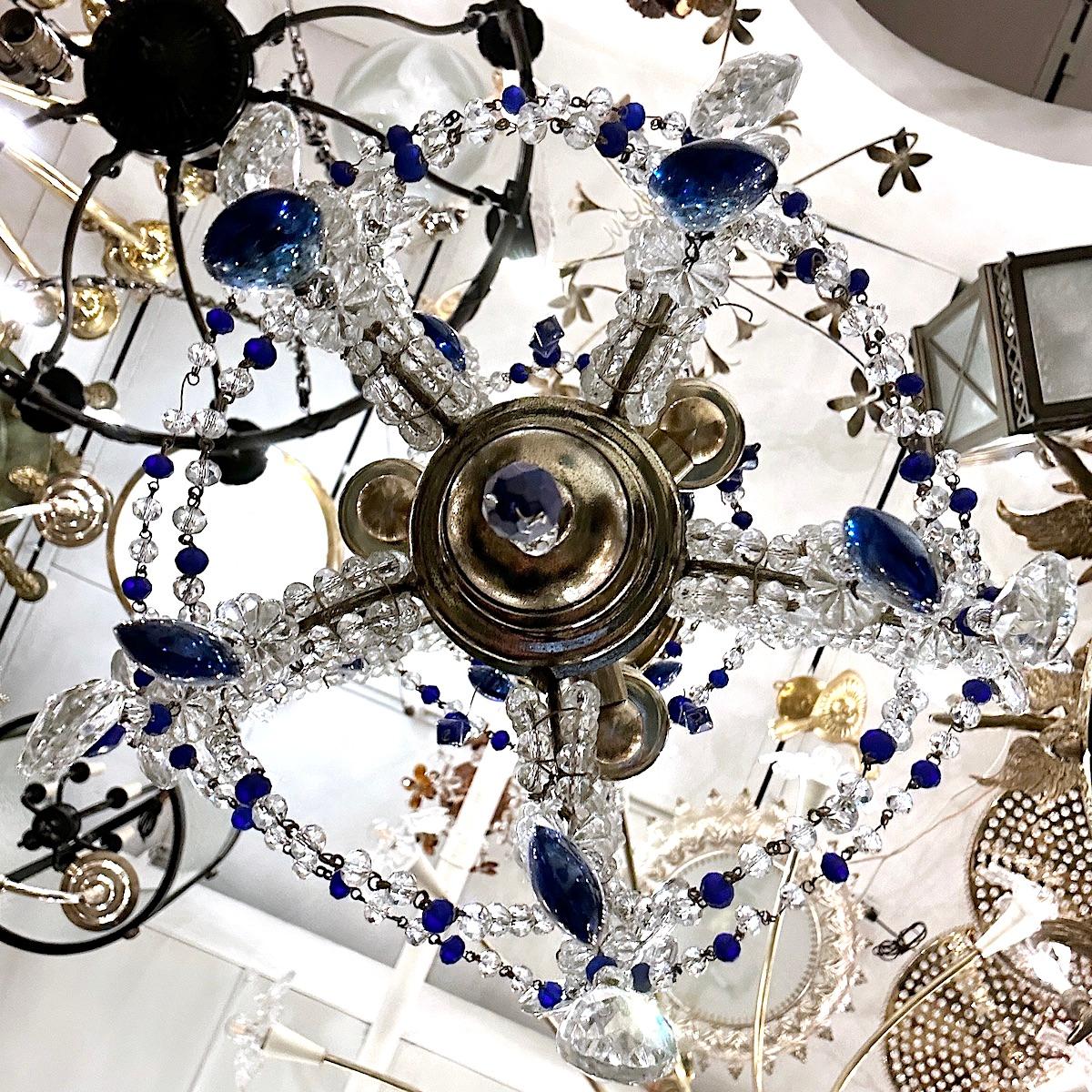 Mid-20th Century Blue Beaded Crystal Chandelier For Sale