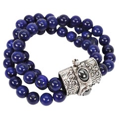 Blue Beaded Lapis Multi Strand Wrap Bracelet with Sterling Silver Clasp