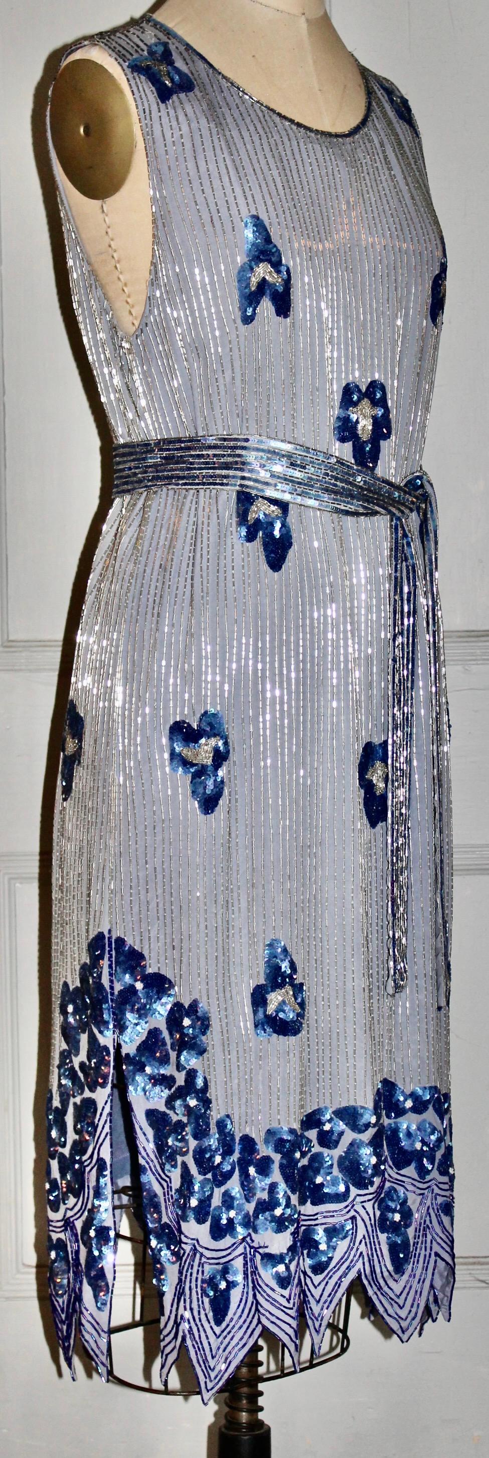 Blue Beaded Silk Flapper Dress For Sale 5