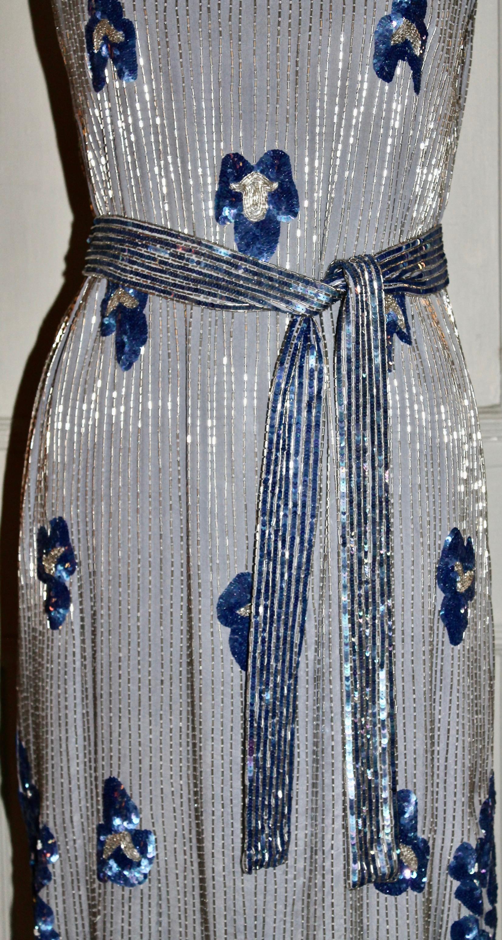 Gray Blue Beaded Silk Flapper Dress For Sale