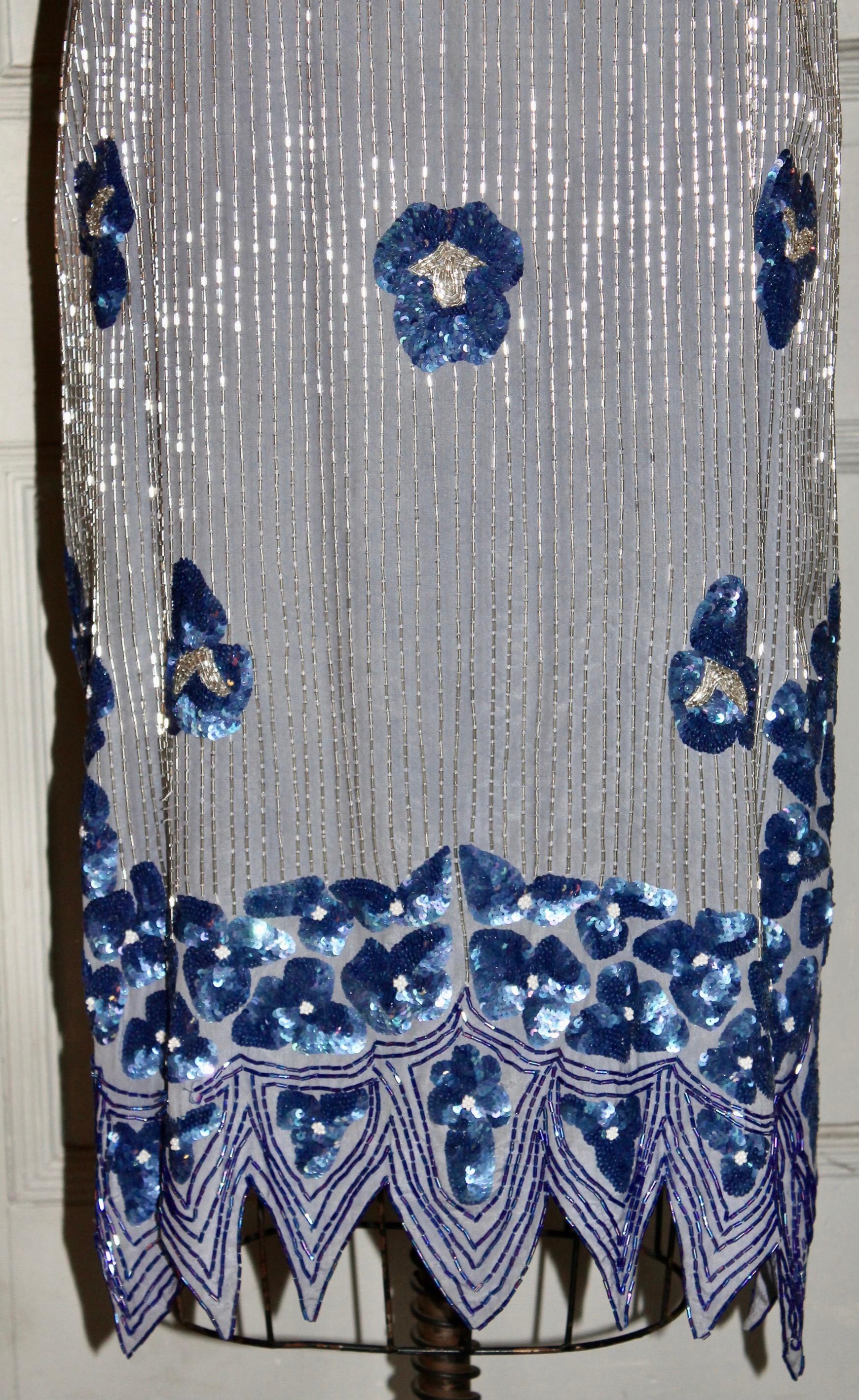 Women's Blue Beaded Silk Flapper Dress For Sale