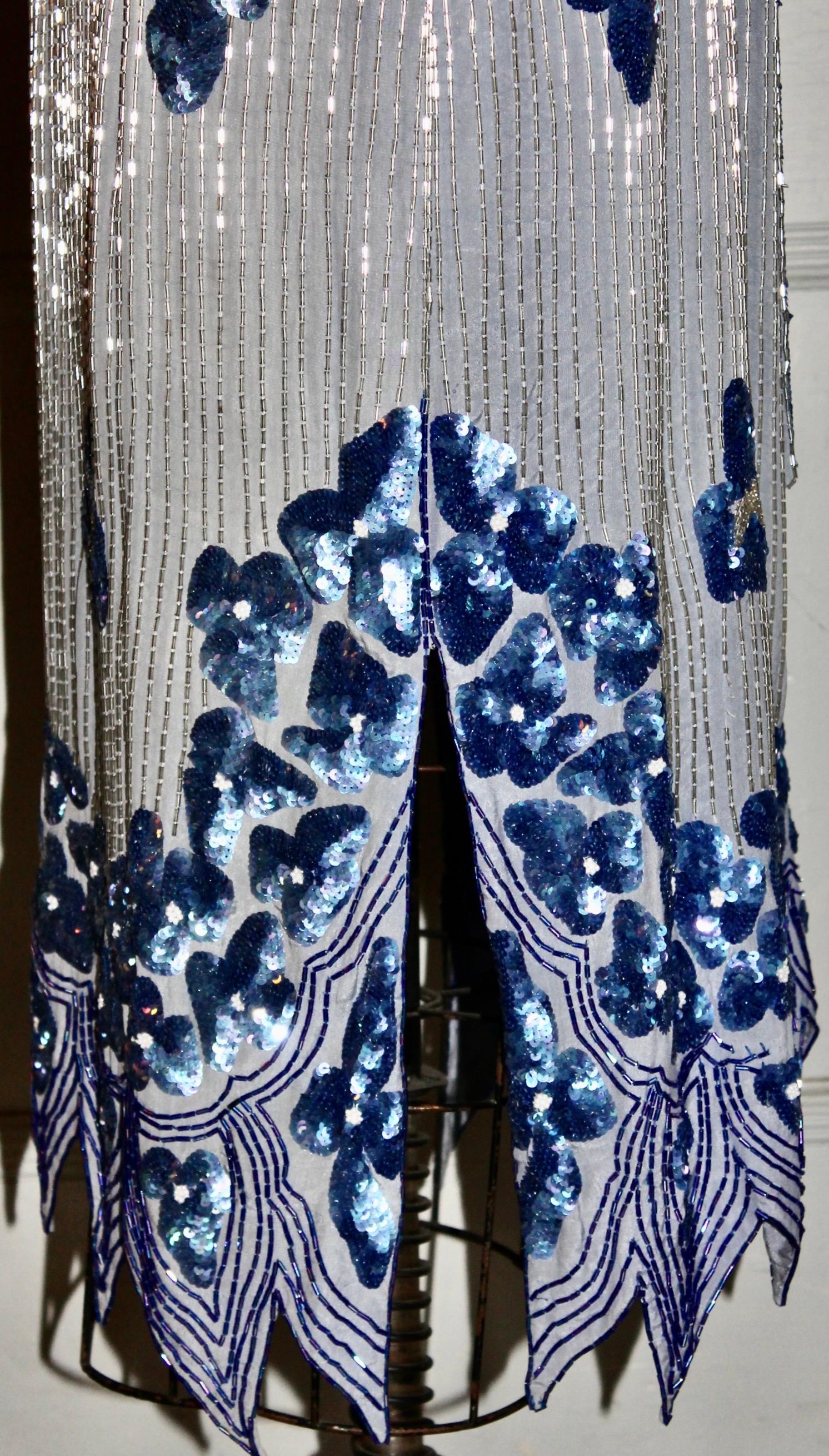 Blue Beaded Silk Flapper Dress For Sale 1