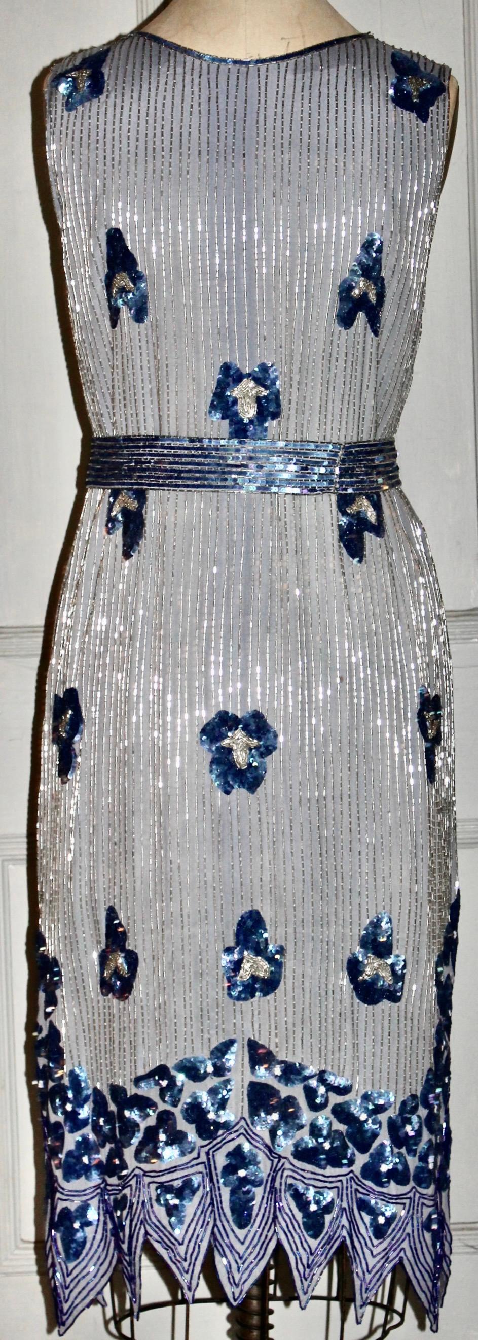 Blue Beaded Silk Flapper Dress For Sale 2