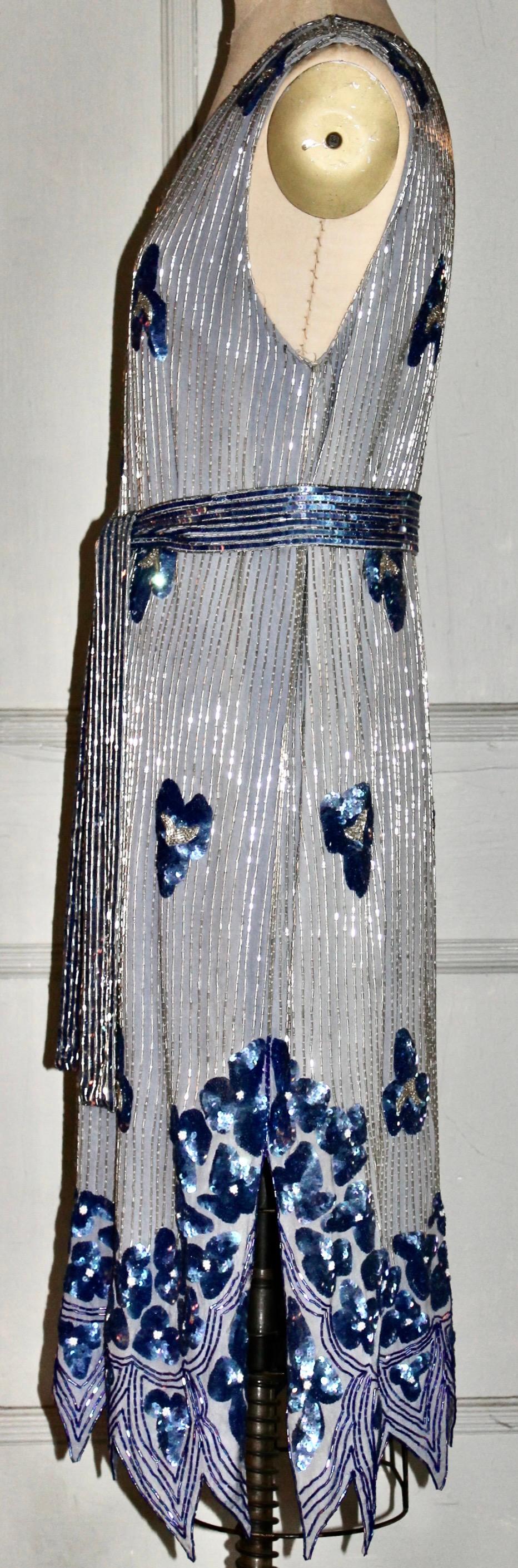 Blue Beaded Silk Flapper Dress For Sale 3