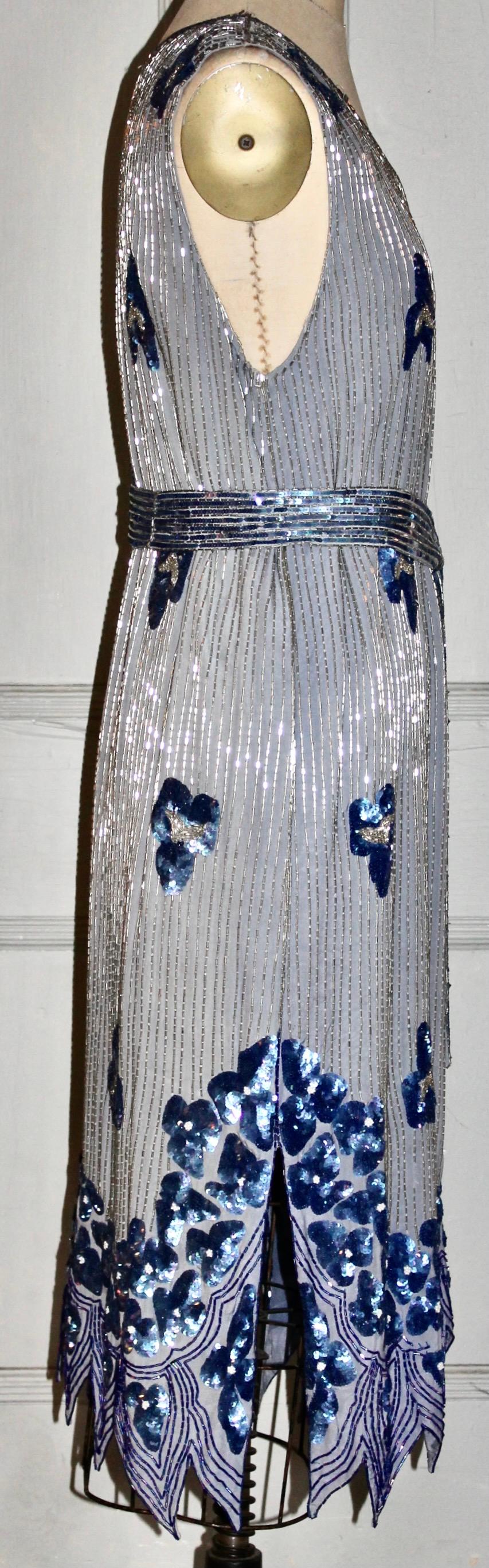 Blue Beaded Silk Flapper Dress For Sale 4