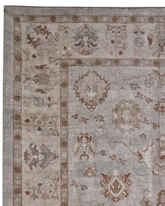 Blue, Beige and Ivory Handmade Wool Distressed Turkish Oushak Rug