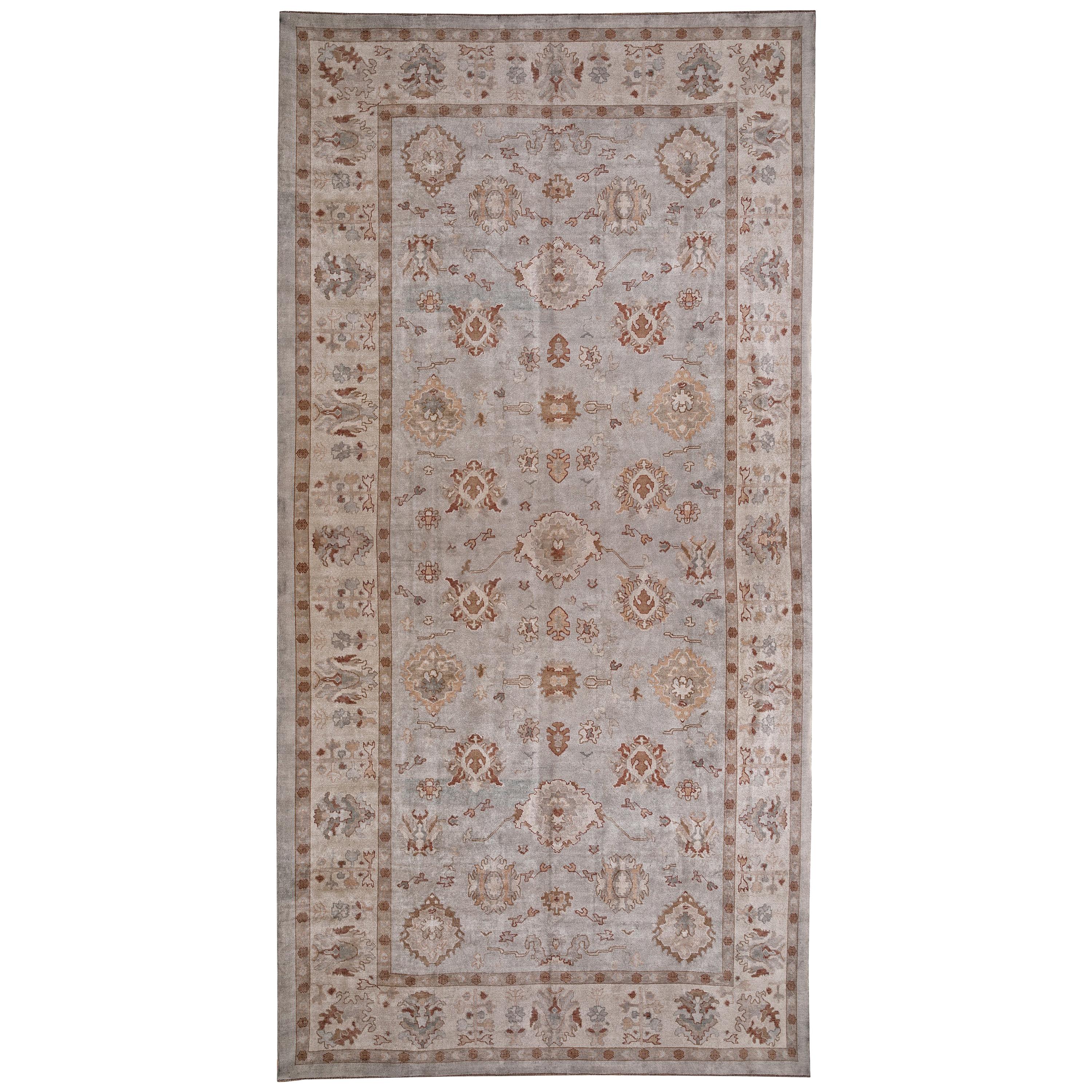 Blue, Beige and Ivory Handmade Wool Distressed Turkish Oushak Rug For Sale