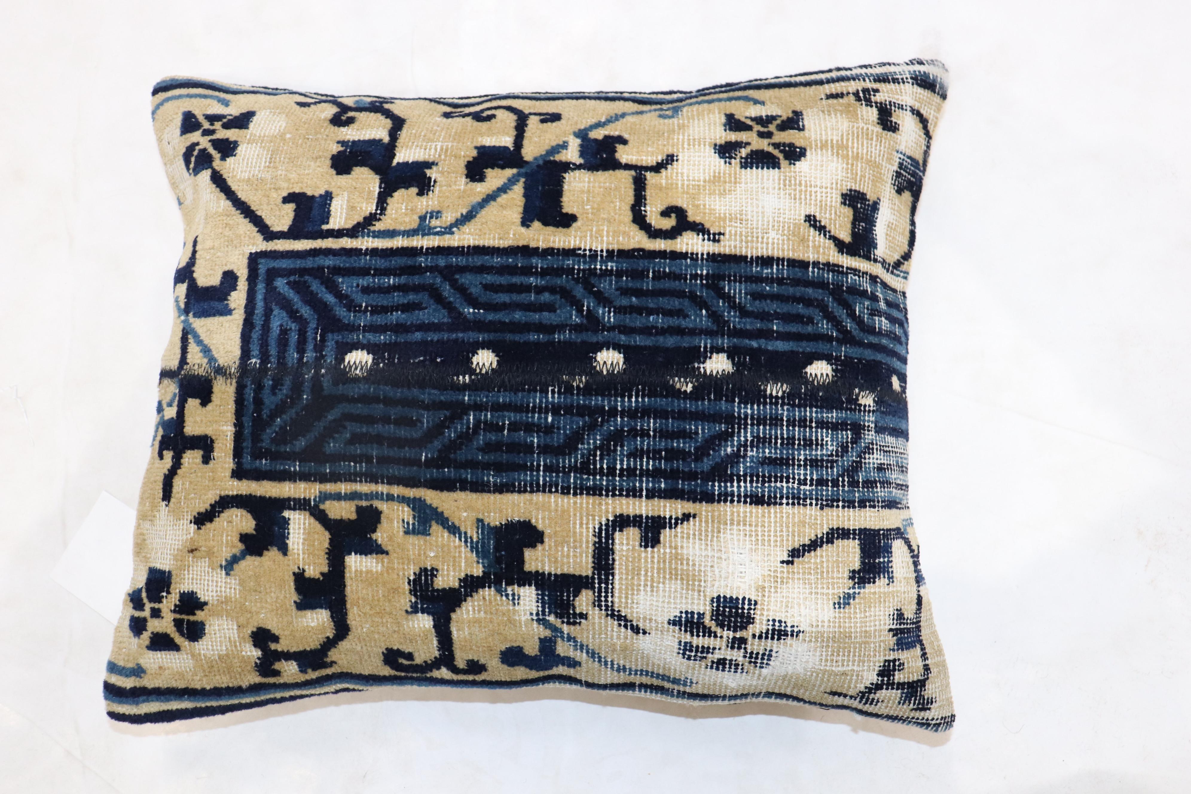 Pillow made from an early 20th century Chinese blue Peking rug.

Measures: 16'' x 19''.