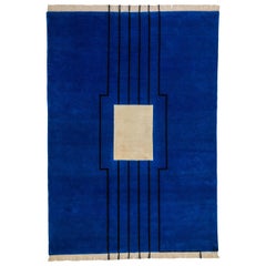 Teppich Disobedience - Moderner geometrischer blau-beigefarbener, schwarzer Streifen-Teppich aus Wolle und Seide