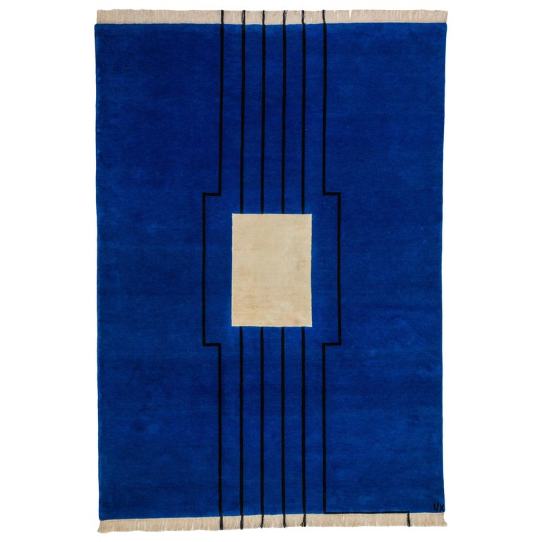 Blue beige black striped Wool/silk Rug by Cecilia Setterdahl for