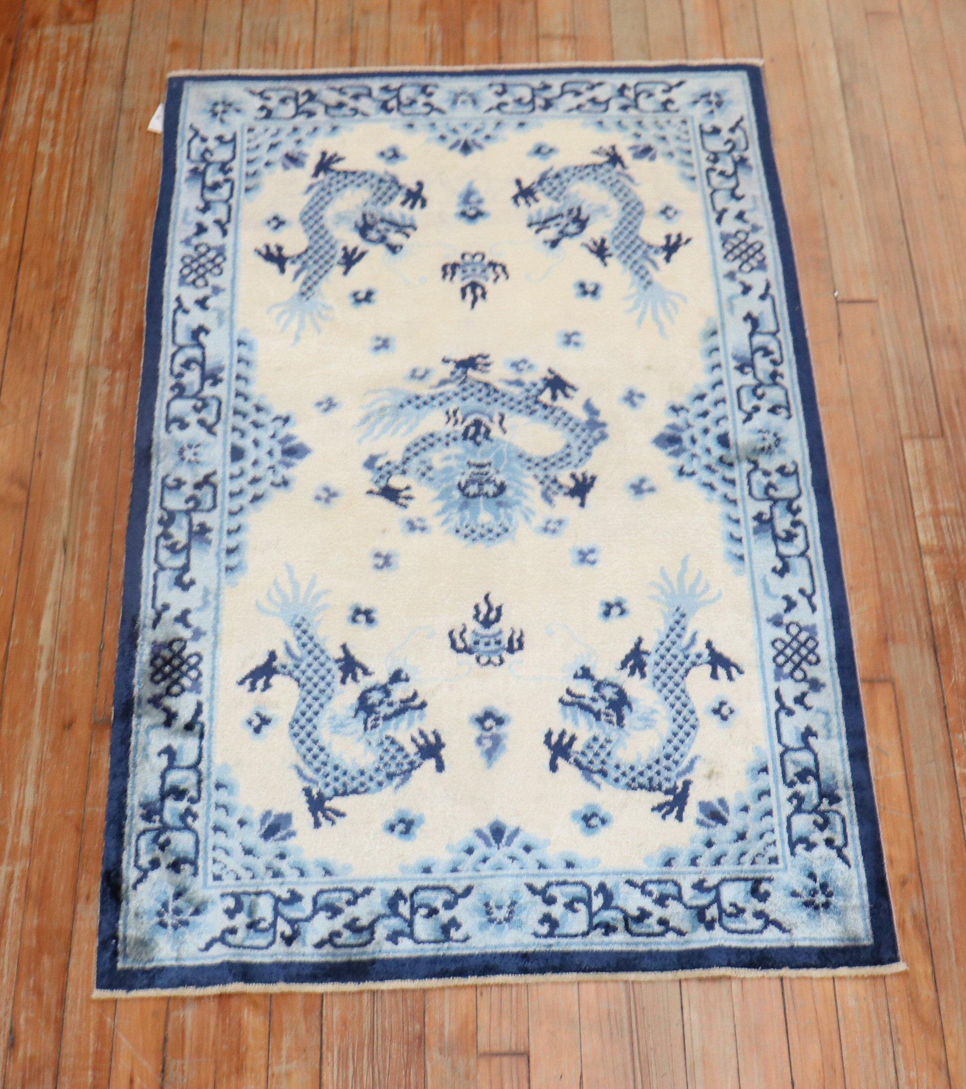 Chinese Export Blue Beige Chinese Silk Scatter Rug For Sale
