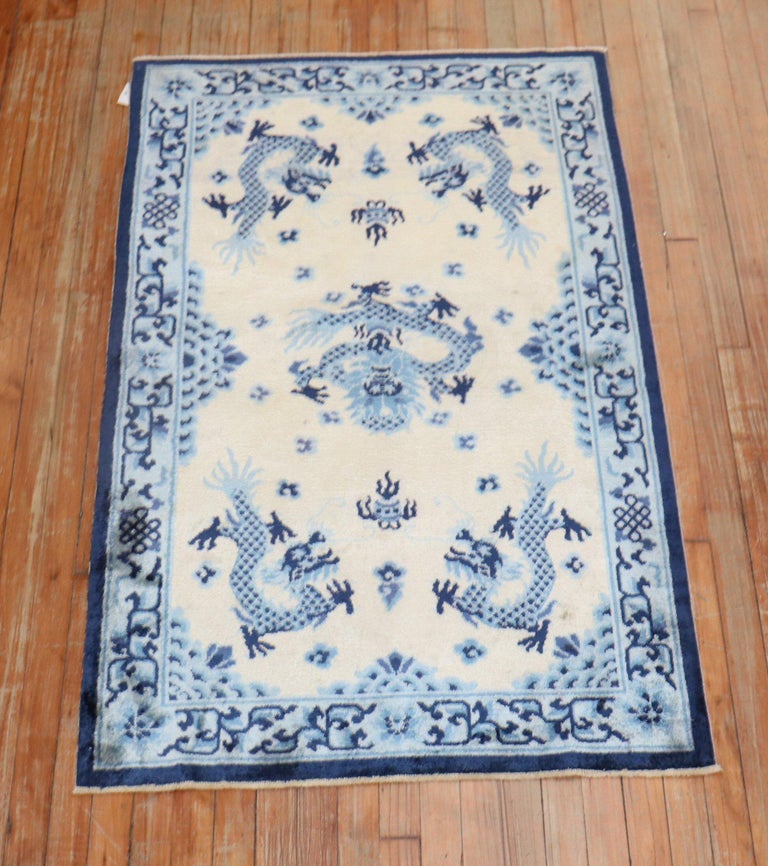 Blue Beige Chinese Silk Scatter Rug For Sale at 1stDibs