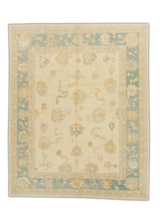 Türkischer Oushak-Teppich aus handgewebter Wolle in Blau & Beige 7'10" x 10'2"