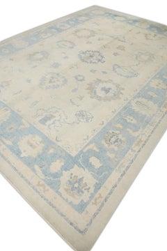 Blue & Beige Handwoven Wool Turkish Oushak Rug 9'3" x 12'5"
