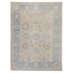 Türkischer Oushak-Teppich aus handgewebter Wolle in Blau & Beige 9'3" x 12'5"