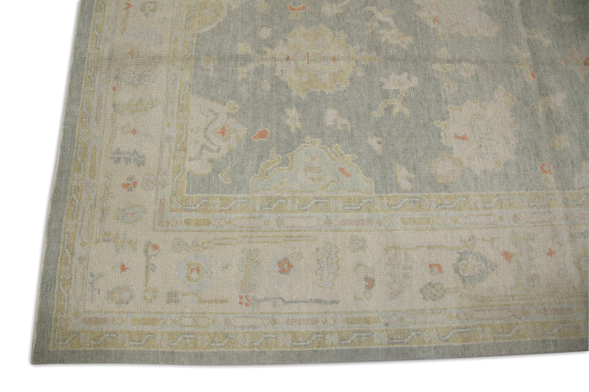 Türkischer Oushak-Läufer aus handgewebter Wolle in Blau & Beige 5'7