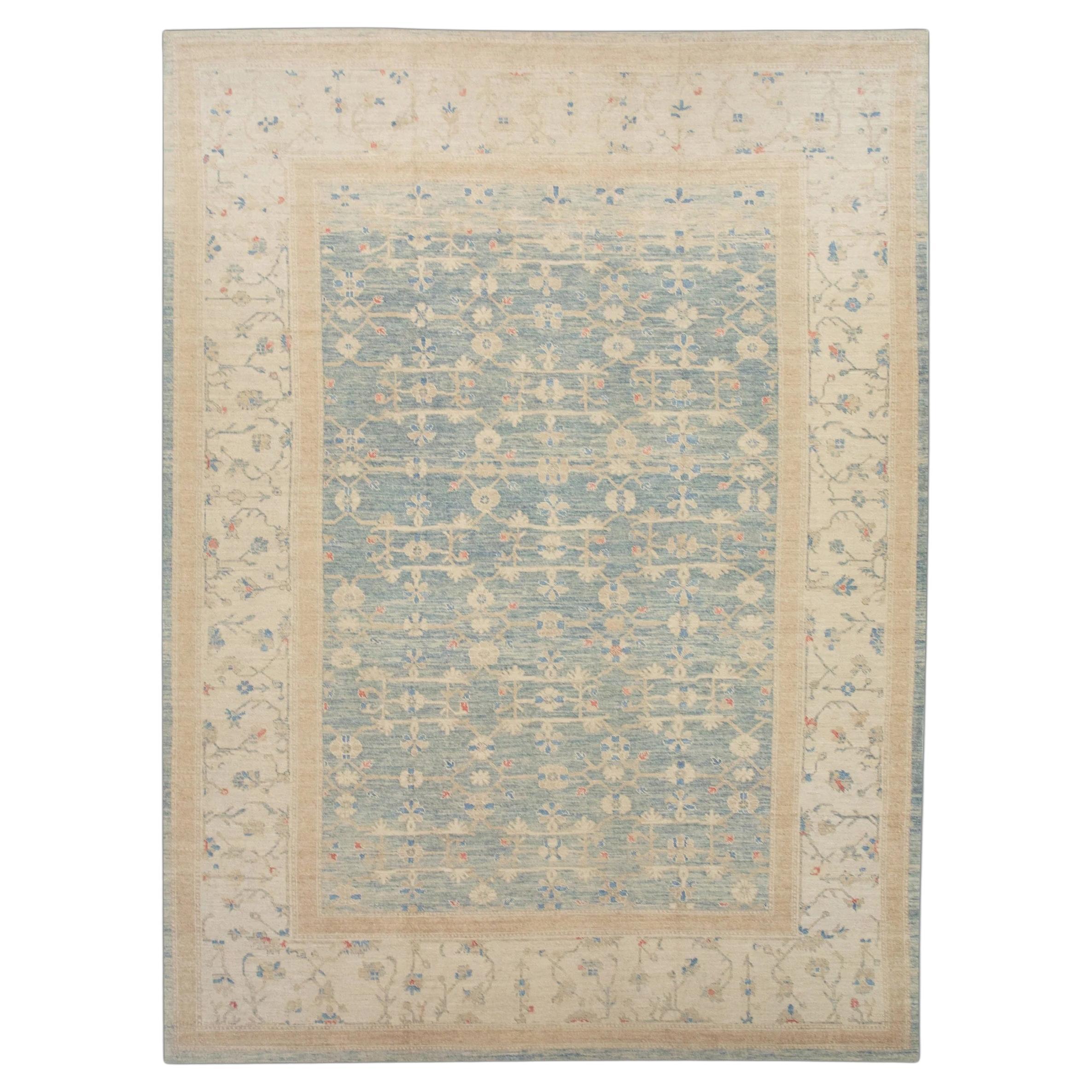 Tapis turc en laine finement tissée bleu et beige Oushak 10'2" x 13'9"