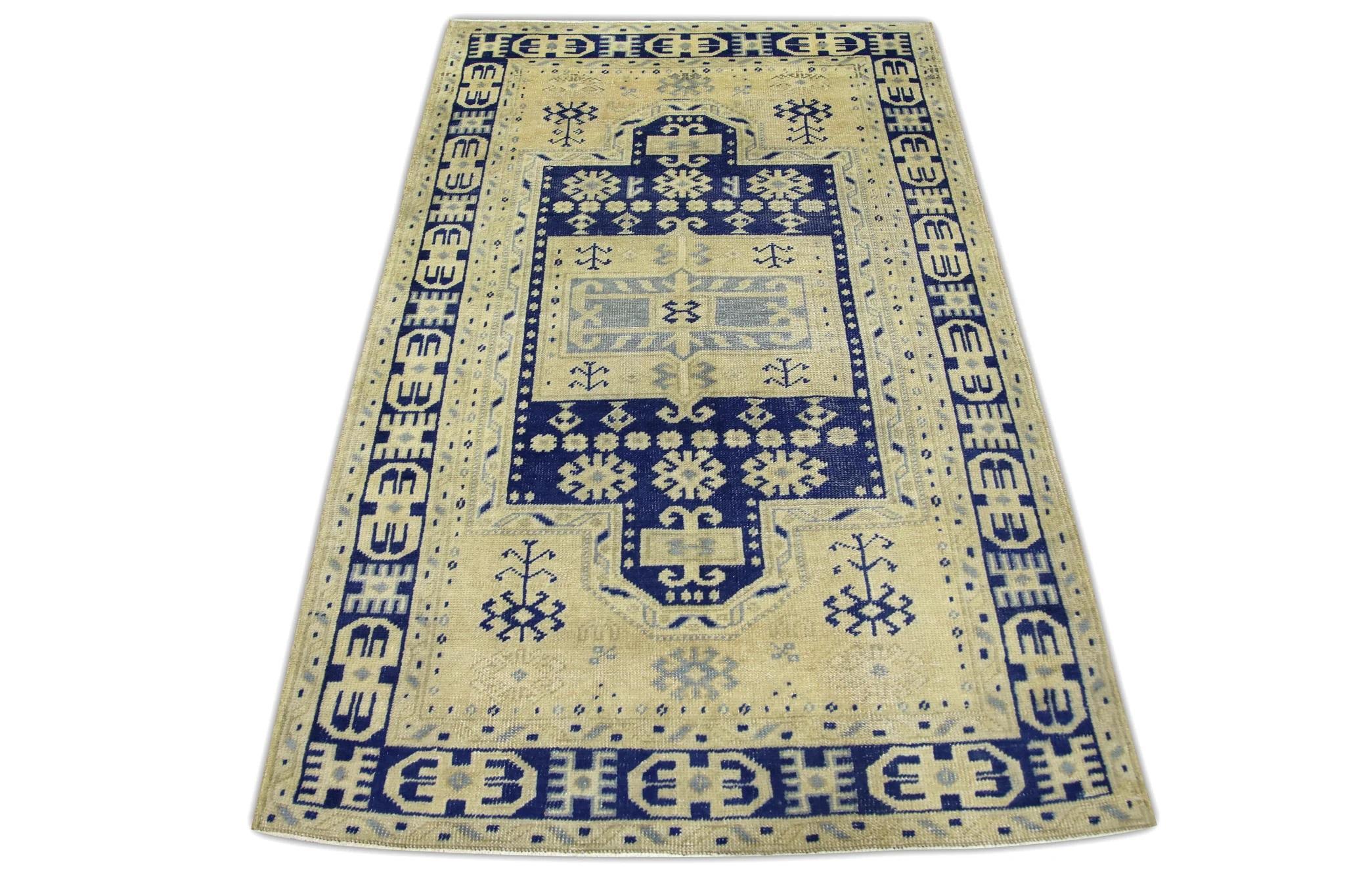 Türkischer Vintage-Teppich in Blau & Beige 3'9