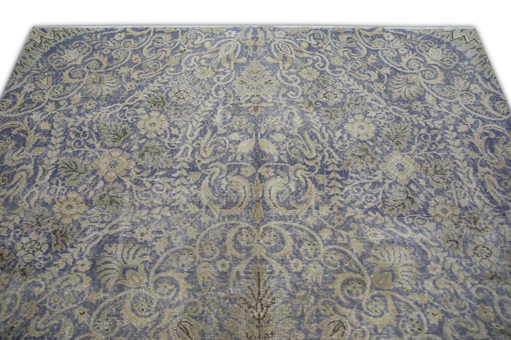 Teinture végétale Tapis turc vintage bleu et beige 7' x 9'9