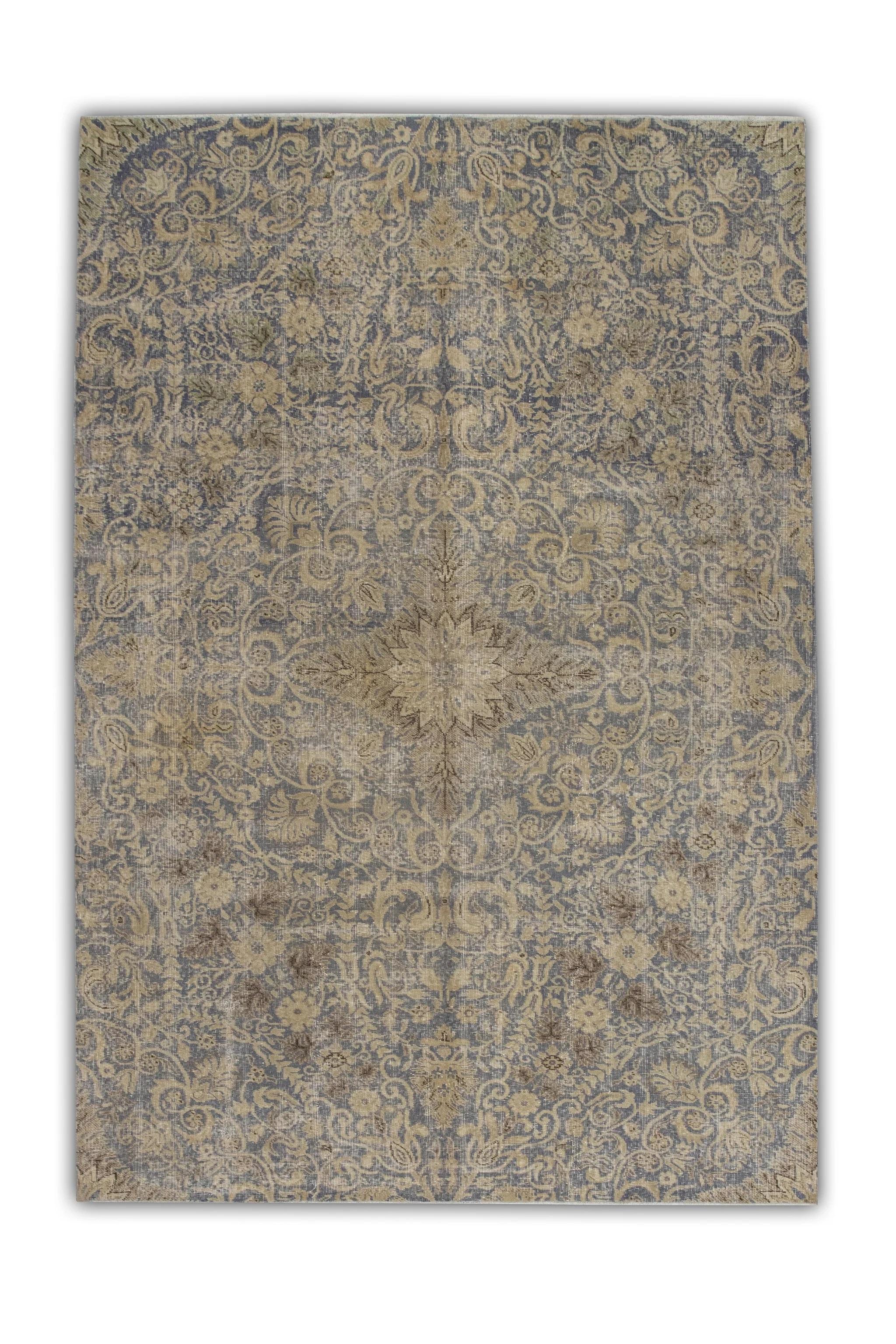 Wool Blue & Beige Vintage Turkish Rug 7' x 9'9