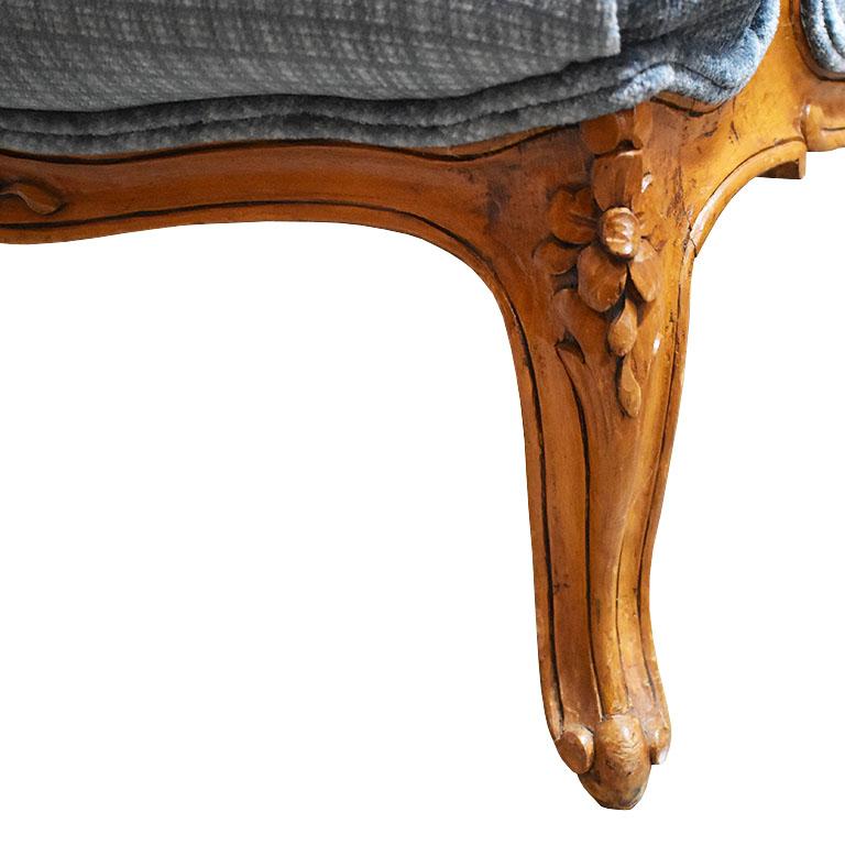 French Provincial Blue Bergère Louis XV Style Armchairs with Carved Wood Accents, a Pair