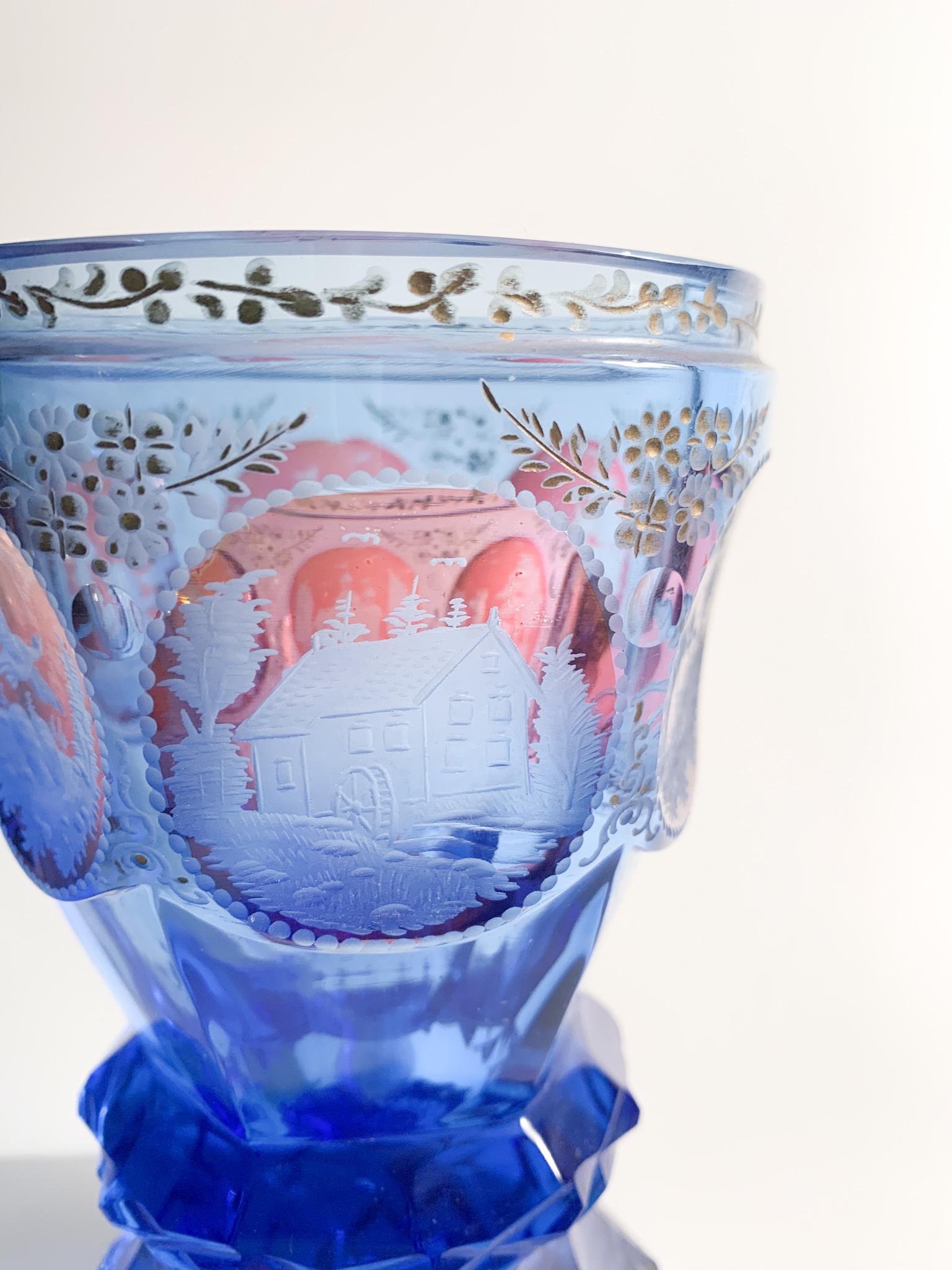 Blue Biedermeier Crystal Glass with Acid Decorations from the 1800s 5